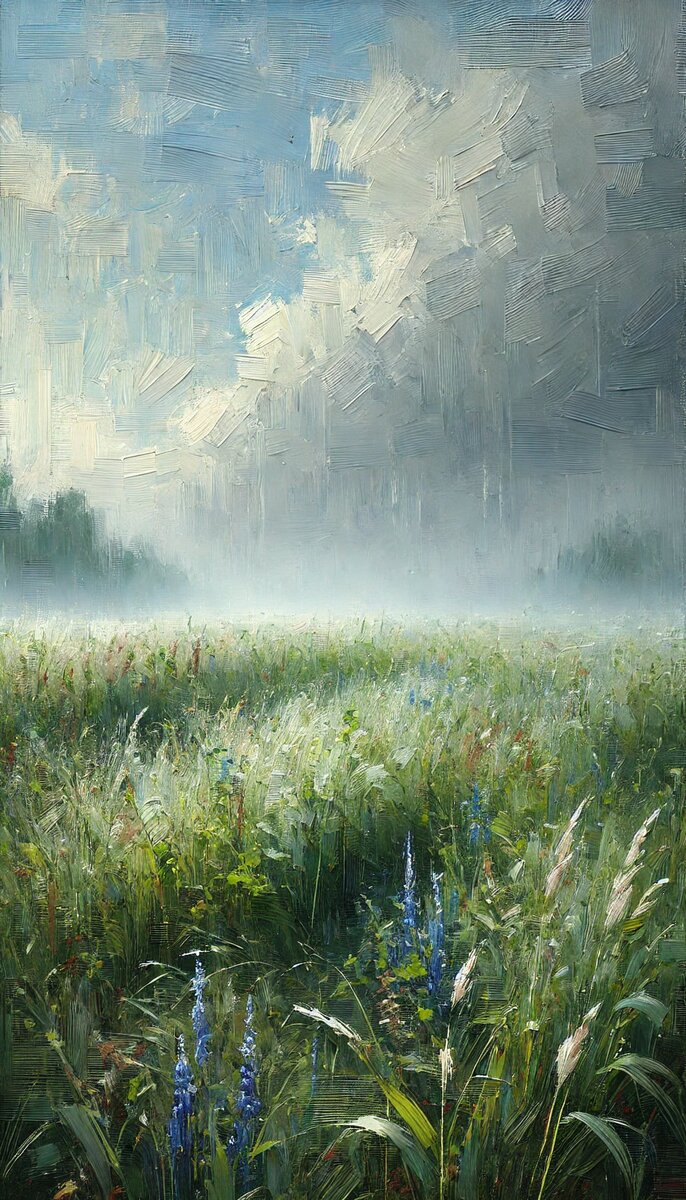 Густая мокрая трава сырым утром