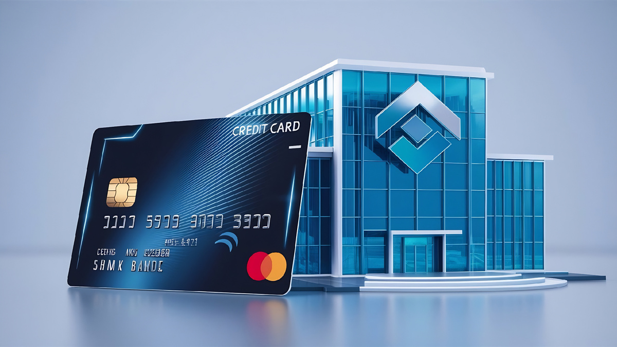 Банковская карта на фоне здания банка, символизирующие принадлежность карты к конкретным финансовым учреждениям