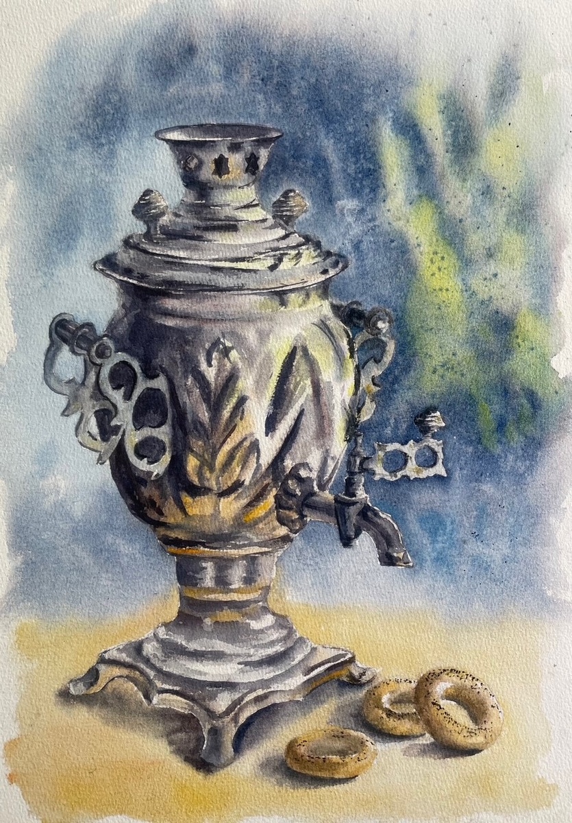 Чаепитие у самовара, 2023 г., материалы: бумага, акварель, размер: 40 х 30 см. Источник: https://artsreda.ru/