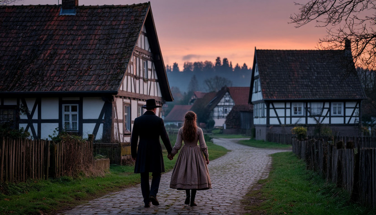 Не стал долго мучить "Шедеврум". Оставил вот этот результат первой генерации по запросу "Мужчина и девушка гуляют в немецкой деревне в конце девятнадцатого века перед восходом солнца"