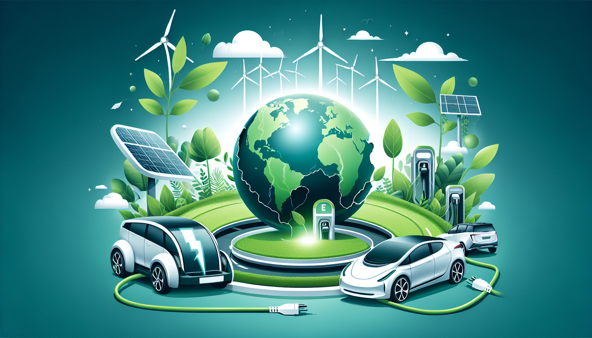 "Электромобиль заряжается на фоне зеленого леса: символ гармонии технологии и природы в борьбе за экологию планеты."
