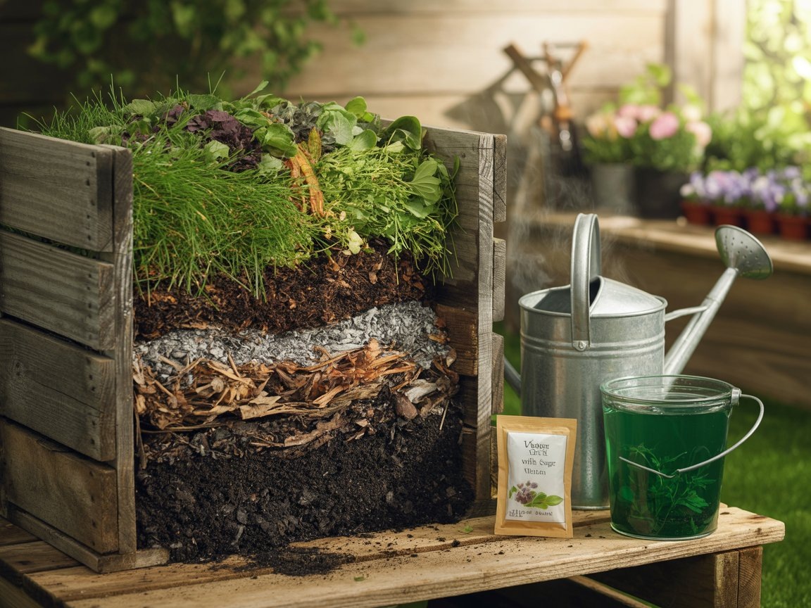 Быстрый компост без магазинной химии! ✨ Слои травы + зола + дрожжевой коктейль (или травяной настой) = мощное органическое удобрение за 1-2 месяца.