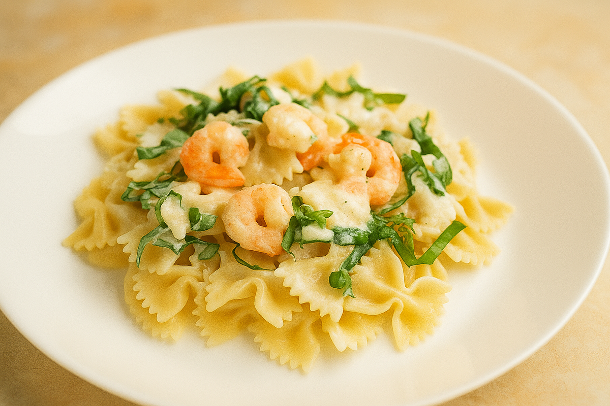 Креветки в сливочном соусе с макаронами