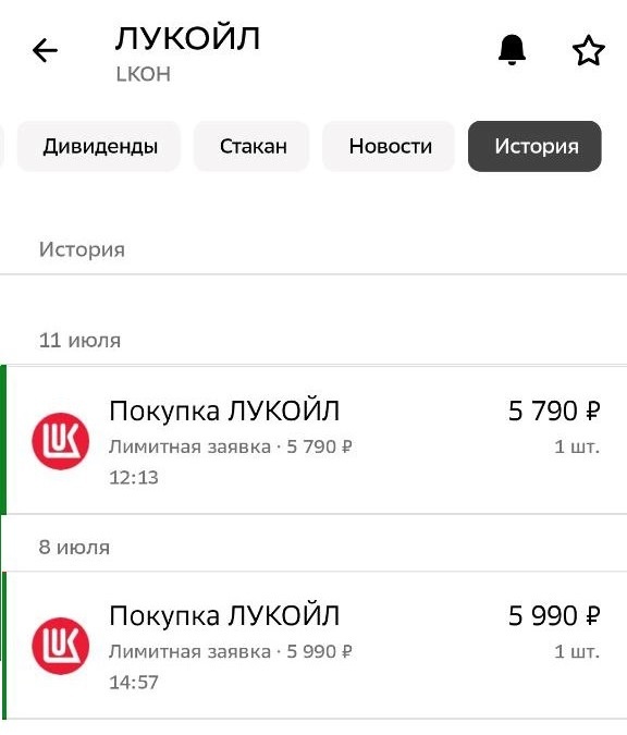 Скрин покупок из приложения Сбер Инвестиции