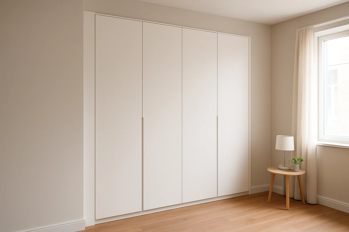 Распашной шкаф в нейтральном интерьере спальни. Фасады выполнены из МДФ, окрашены в матовый белый цвет. Чистые линии, отсутствие ручек и скрытая фурнитура создают ощущение легкости и порядка. Шкаф вписан от пола до потолка и идеально сочетается с тёплым деревянным полом и светлой отделкой комнаты