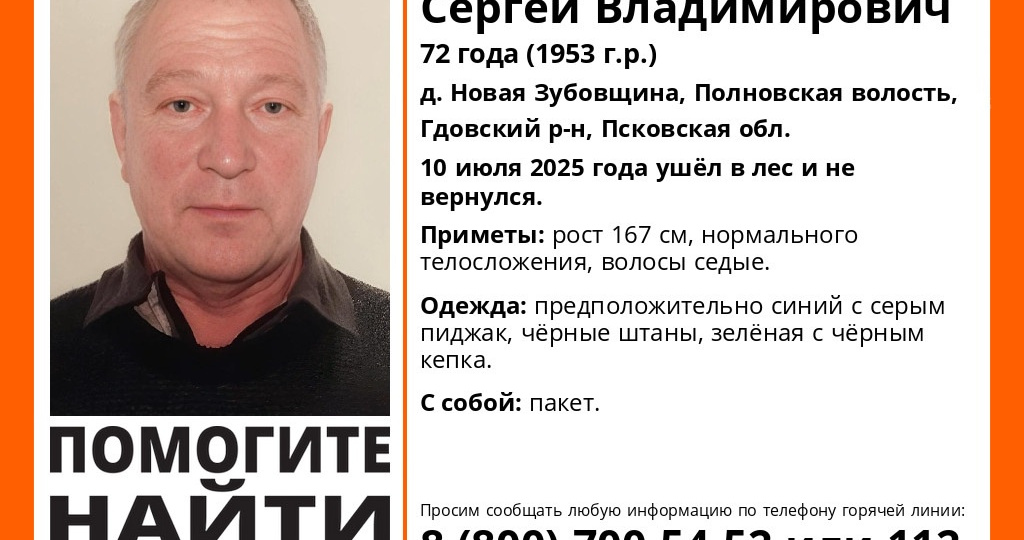 72-летний мужчина пропал в Гдовском районе