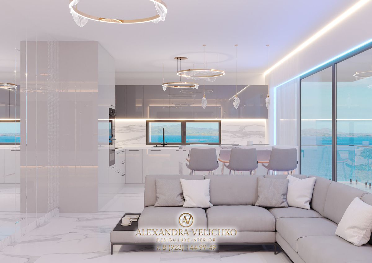 Дизайн-проект бело-серой кухни-гостиной 