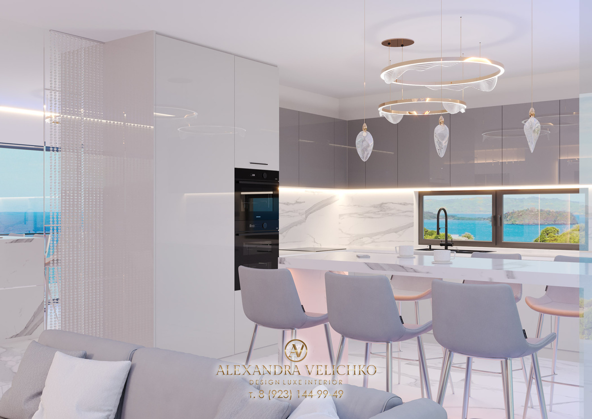 Дизайн-проект белой кухни-гостиной 