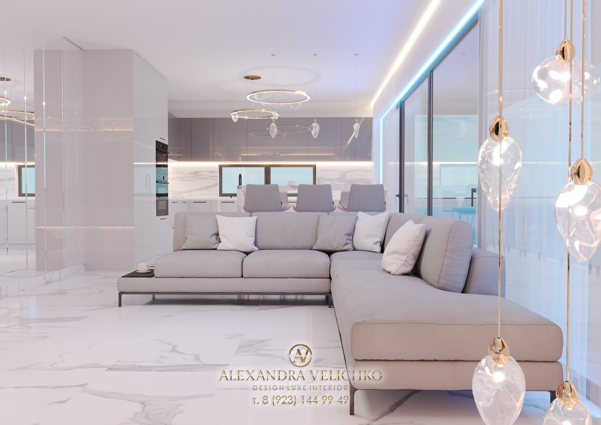 Дизайн-проект белой кухни-гостиной 