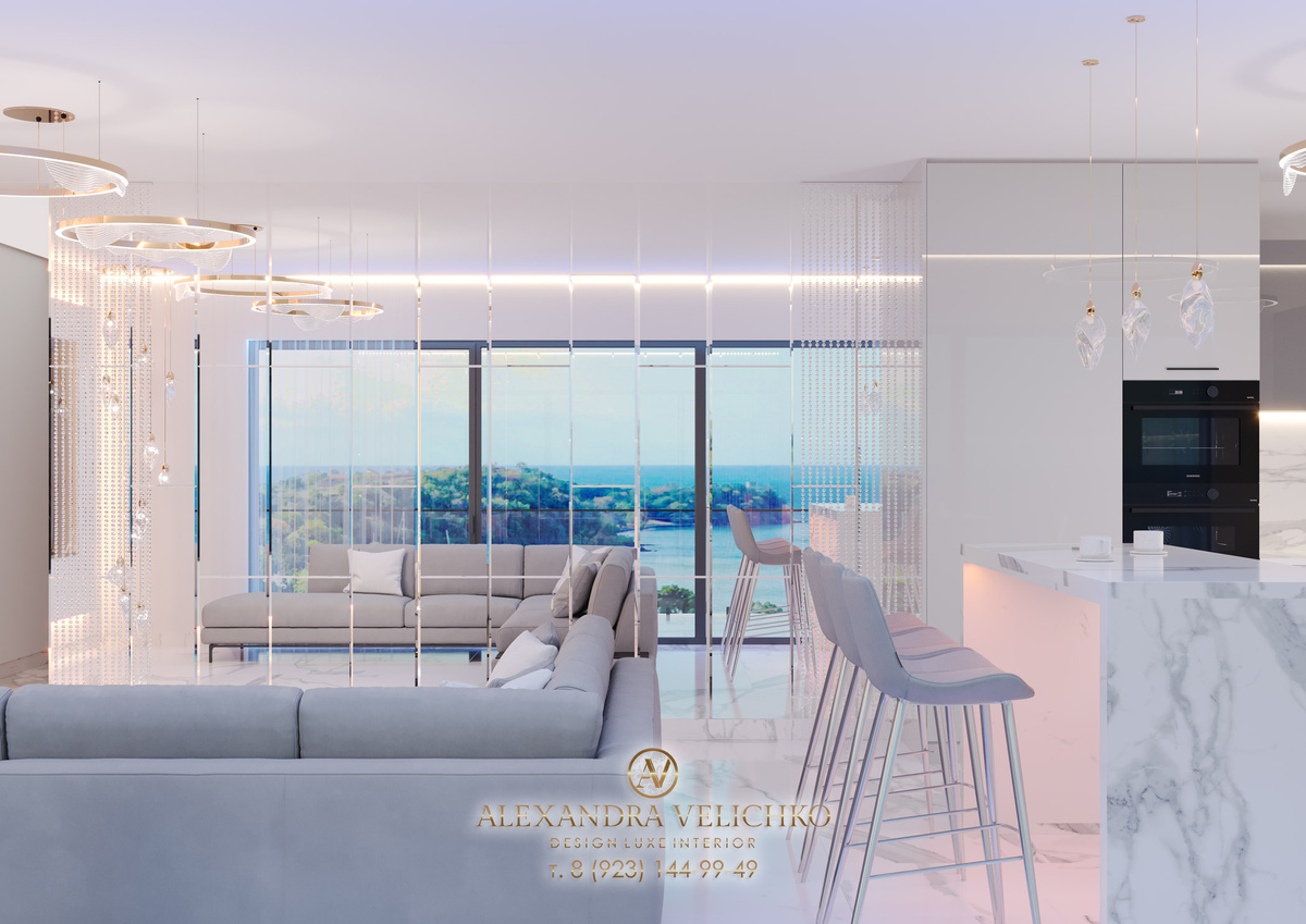 Зеркальная стена в интерьере кухни-гостиной