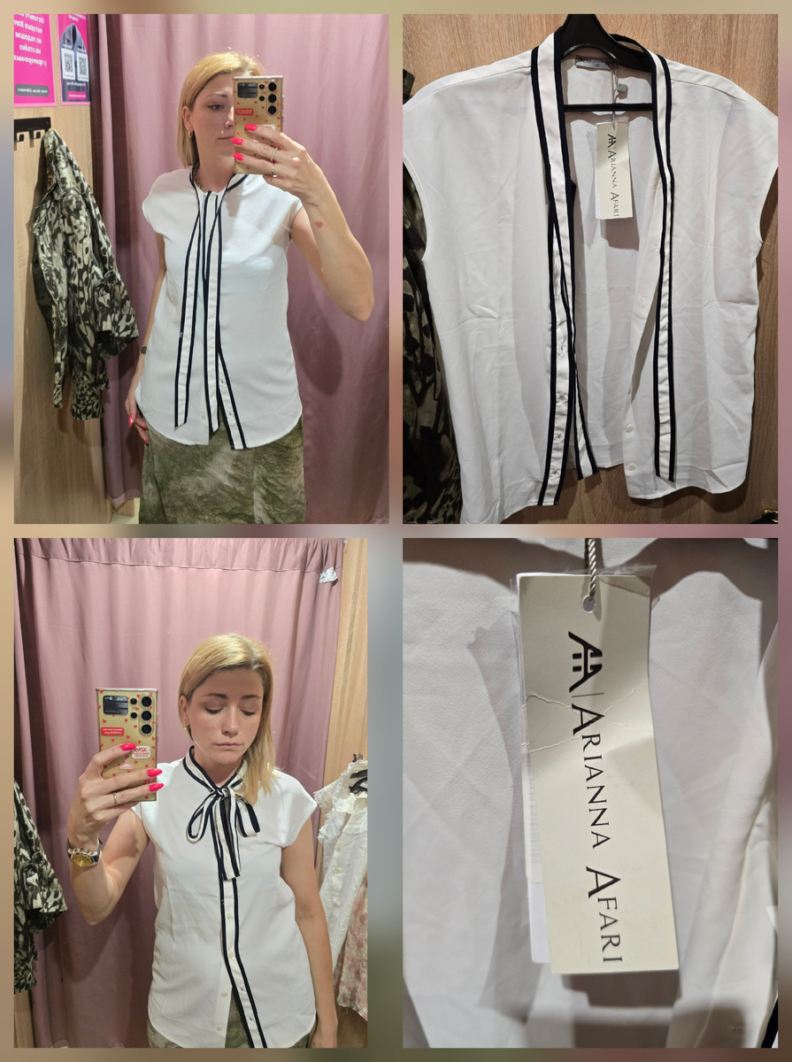 Скидку того дня помню 20% . Блузка выходила в районе 500 руб.  Немного напоминает школьную , примеряю из за контрасной отделки , брать не стала. 