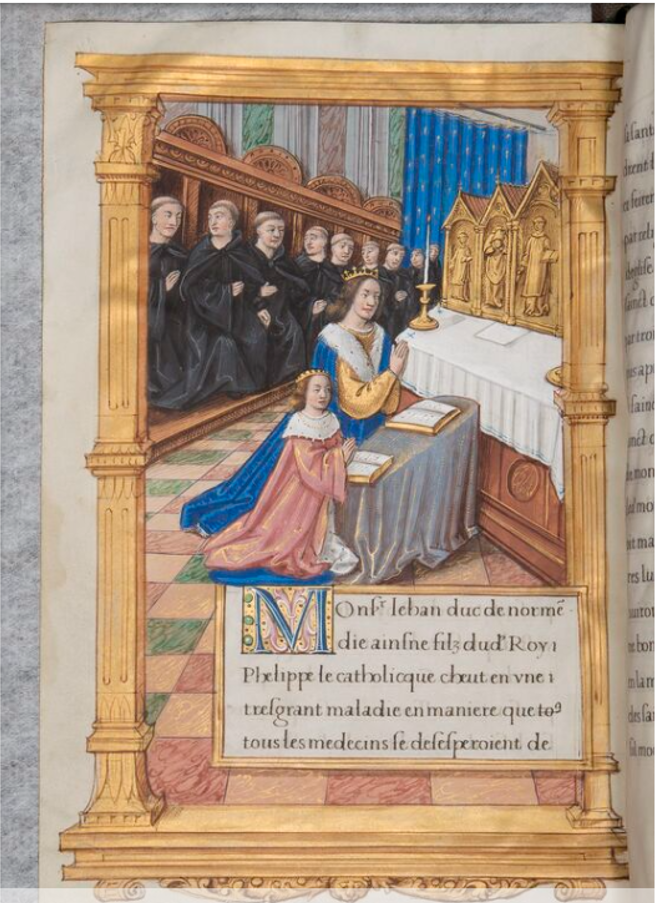 Филипп VI Валуа и его сын молятся Святому Дионисию.  © Bibliothèque nationale de France. Français 24948. начало XVIe в. Хроники Сен-Дени и королей Франции. 