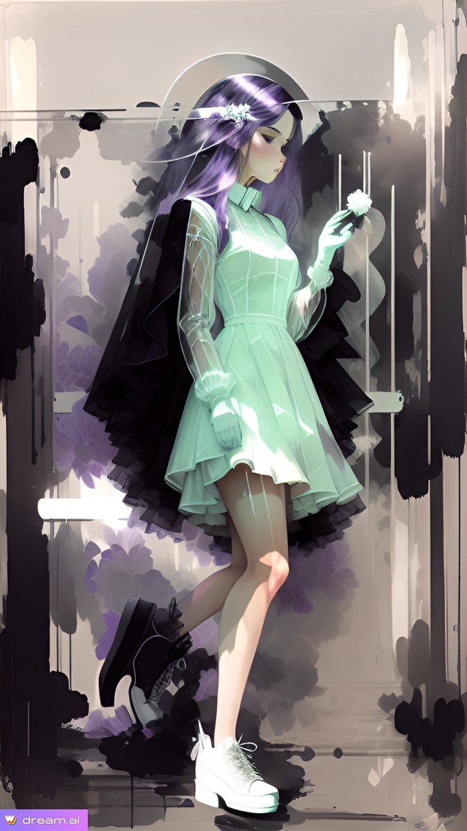 Примерный образ Эмилии в салатовом платье. Глава "Бассейн". (создано ИИ)