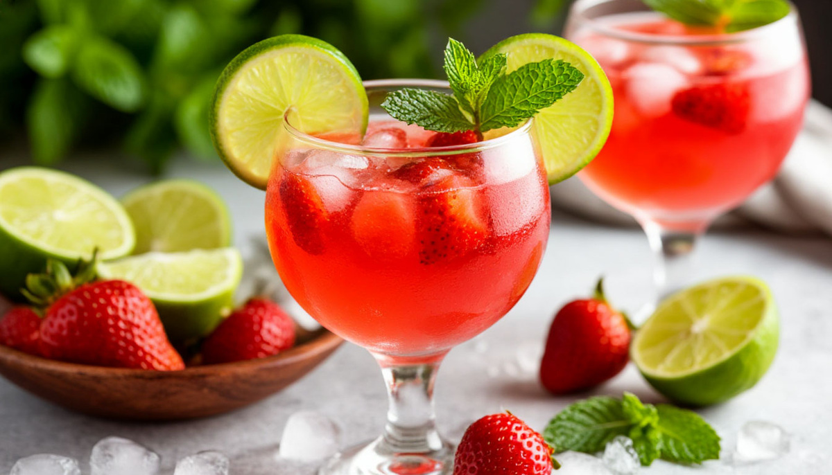 Лимонадное чудо Лимонад из клубники и лайма с мятой.