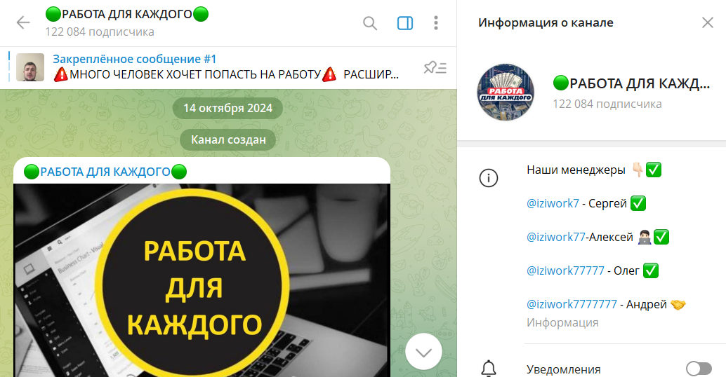 Информация по каналу в телеграмме Работа для каждого