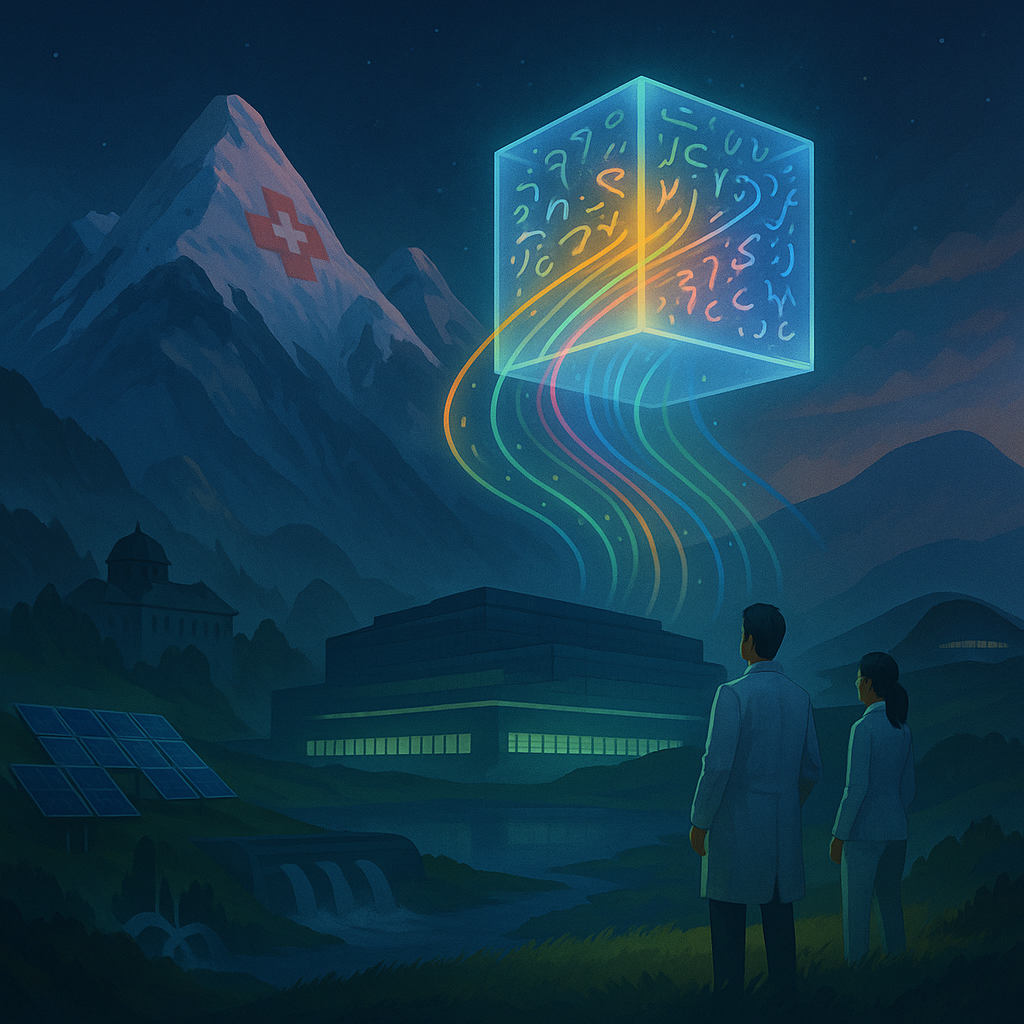 На фоне вечерних Альп над зданием суперкомпьютера «Alps» возвышается светящийся прозрачный куб — символ открытой многоязычной LLM. Из куба струятся разноцветные потоки абстрактных символов, подчёркивающие разнообразие 1500 языков, а внизу учёные ETH Zurich и EPFL наблюдают за этим зрелищем рядом с солнечными панелями и гидротурбиной, подчёркивая устойчивость проекта.