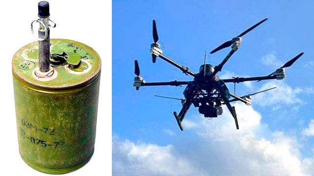 Мина ОЗМ-72 «ведьма» и тяжёлый агродрон «Баба-яга», применяемый в военных целях (фото из открытых источников)