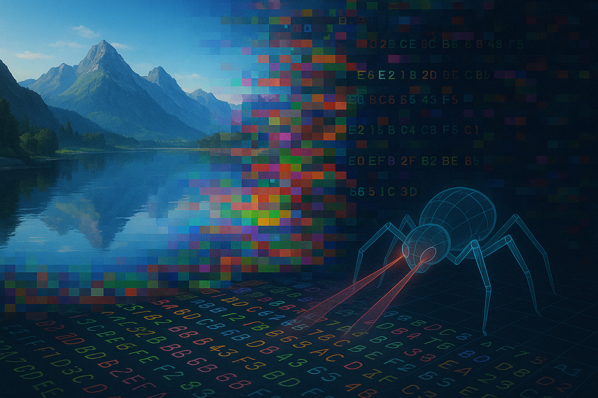 Спокойный пейзаж превращается в хаотичную мозаику пикселей и шестнадцатеричных знаков, а полупрозрачный «паук»-бот с лазерными сканерами изучает глитч-область — образ фальшивого JPEG, созданного для запутывания агрессивных краулеров.
