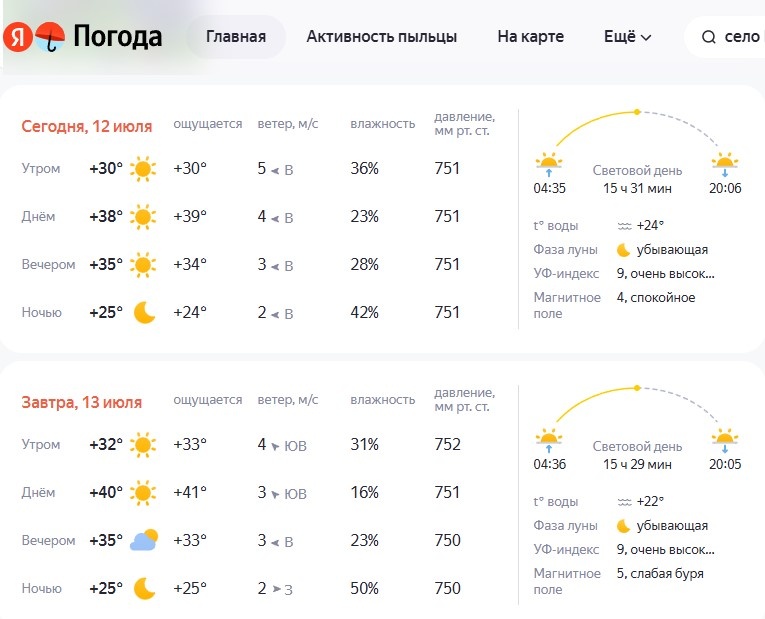 Скриншот с сайта Яндекс-погода.