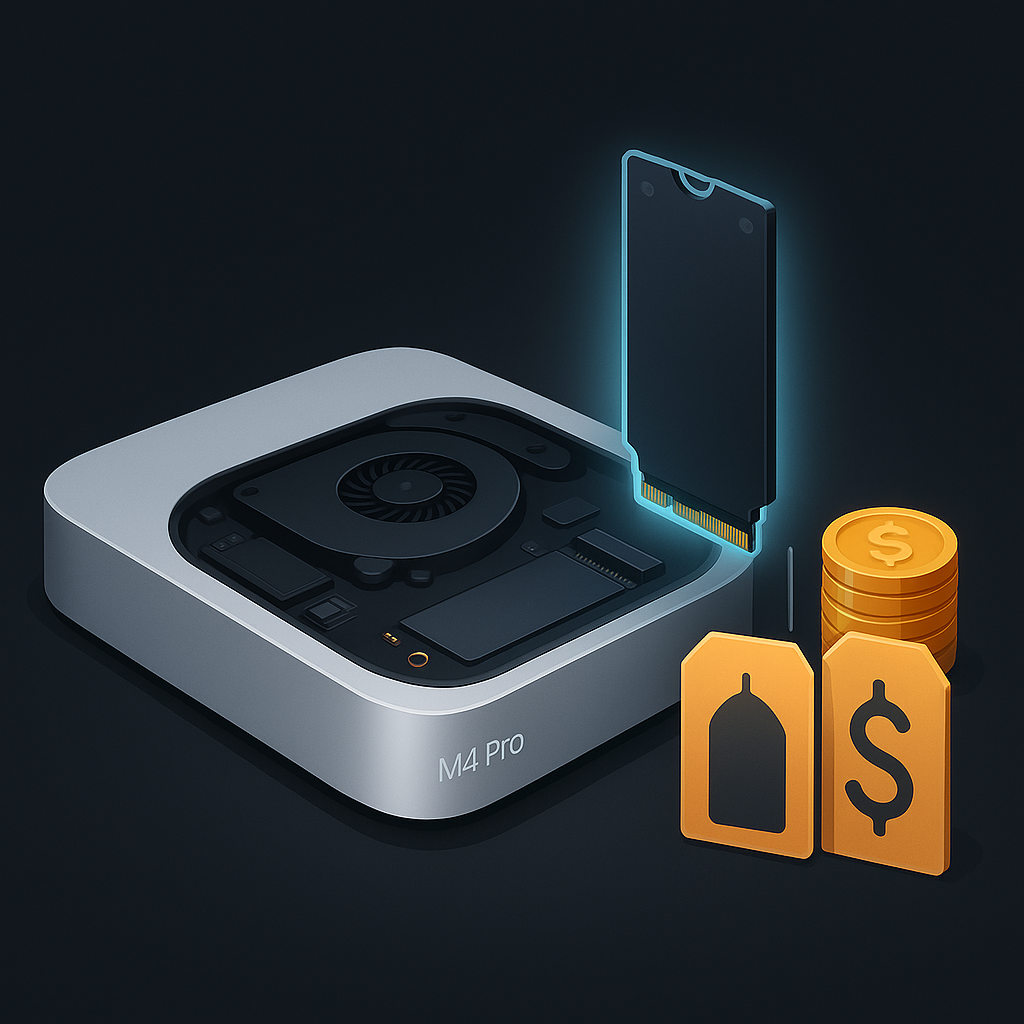 Серебристый Mac mini M4 Pro с открытым корпусом: новый тёмный SSD парит возле разъёма, а рядом стопка золотых монет и бирки намекают на двукратную экономию по сравнению с официальным апгрейдом.