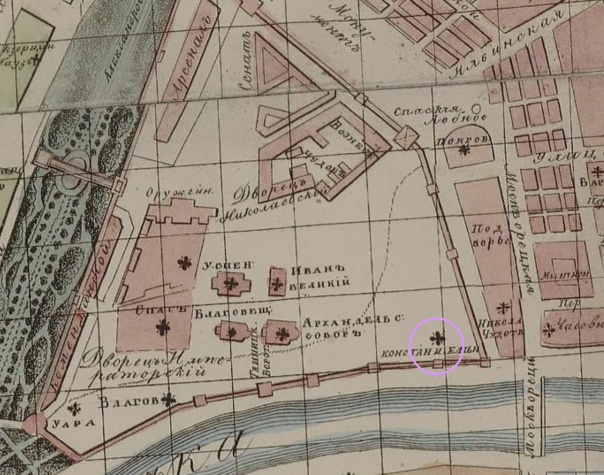 Церковь Константина и Елены, рядом с которой обнаружили клад (выделена розовым крожочком), на карте Москвы 1843 года. С сайта www.retromap.ru.