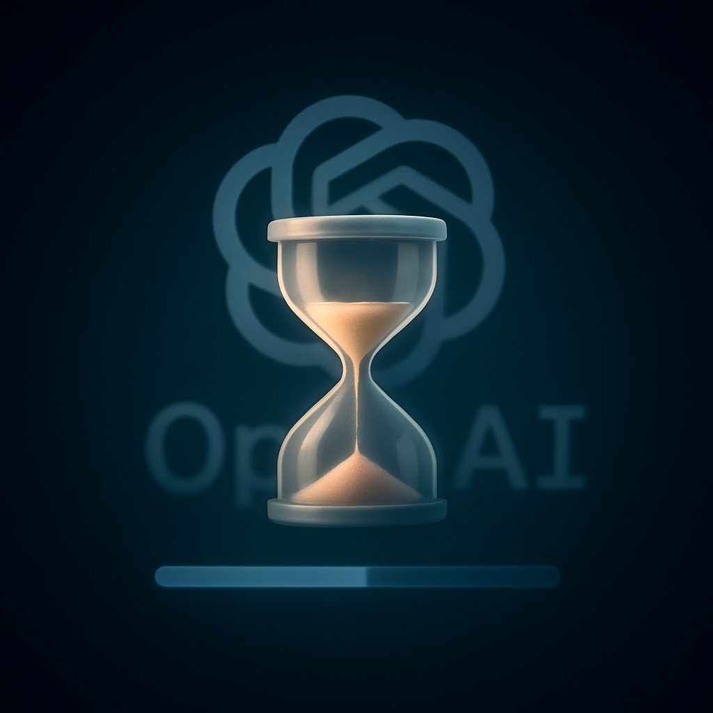 На тёмном фоне перед размытым логотипом OpenAI висит светящийся песочные часы с медленно утекающим песком и незавершённой полосой загрузки — визуальный образ задержки выхода открытой модели.