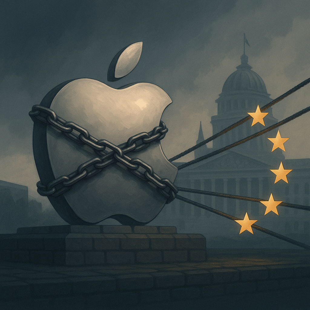 Серебристый логотип Apple, стянутый тяжёлыми цепями, удерживают сияющие звёзды ЕС на фоне величественного здания в Брюсселе — метафора жёсткого противостояния корпорации антимонопольным требованиям DMA.