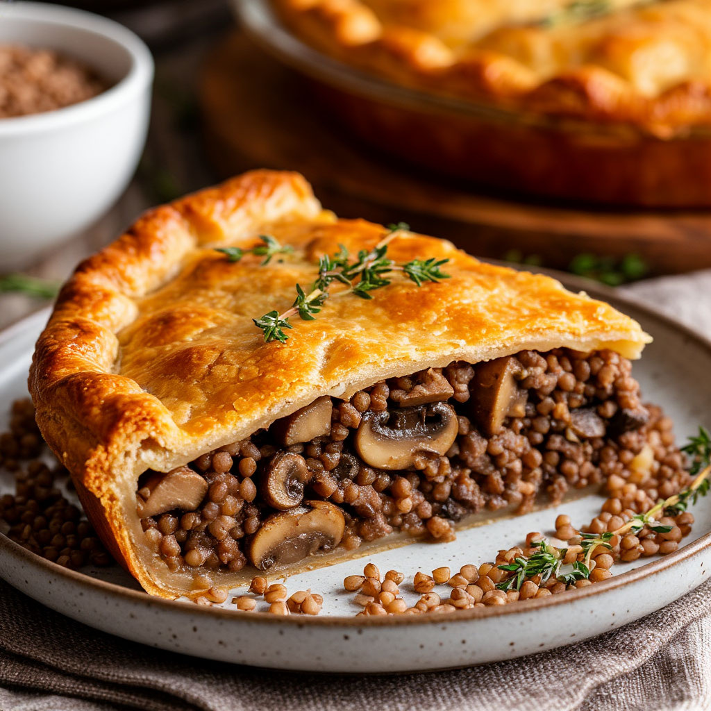 Мясная кулебяка с грибами и гречкой