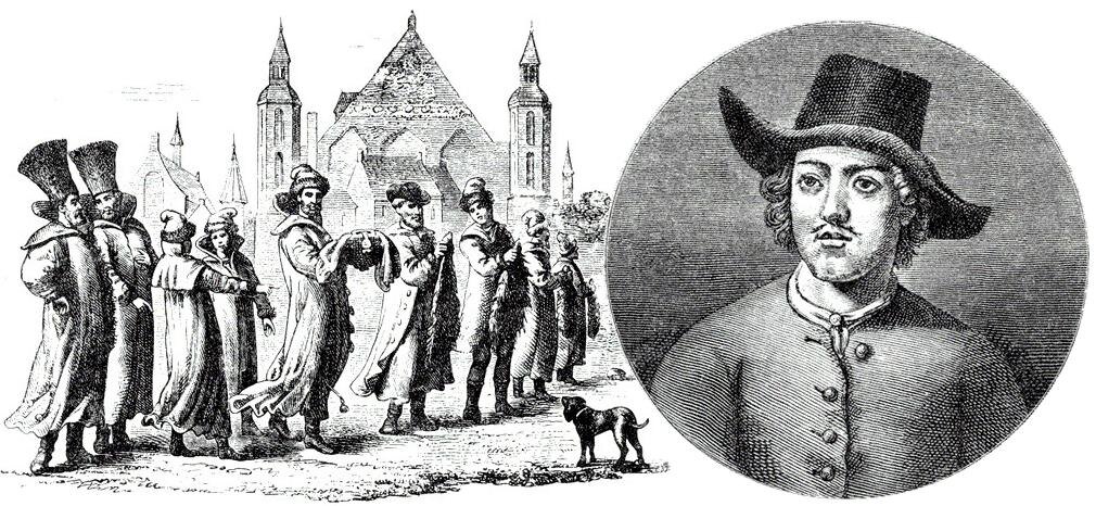 Великое посольство Петра I в Европу (1697-98 гг.). Справа портрет Петра в одежде матроса во время его пребывания в голландском Саардаме (Саандаме). Гравюры Маркуса.