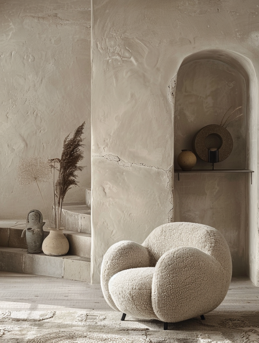 Кресло из букле рядом с известковой стеной 
