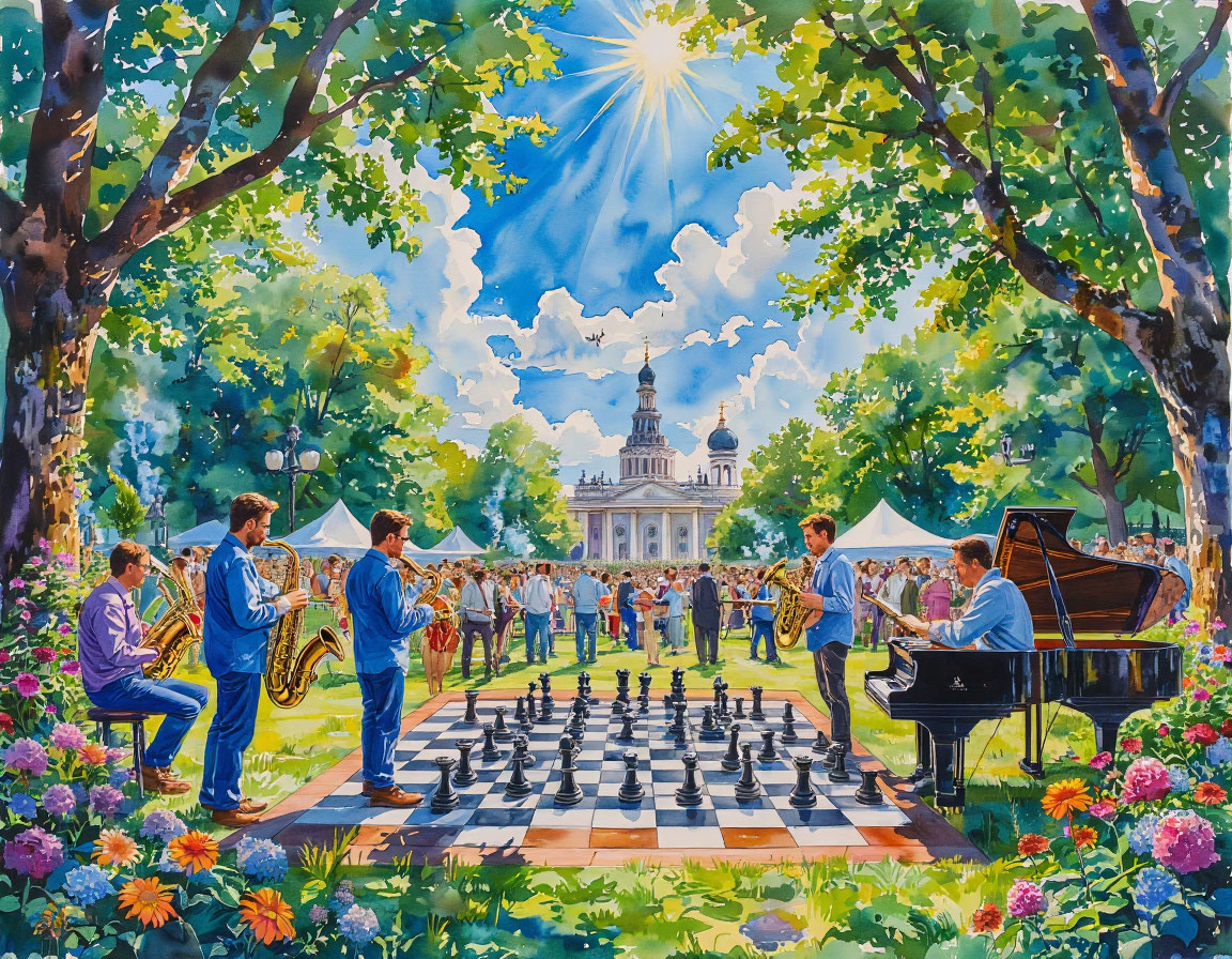 Иллюстрация к фестивалю музыки и шахмат, немного фантастическая, но такая светлая и добрая