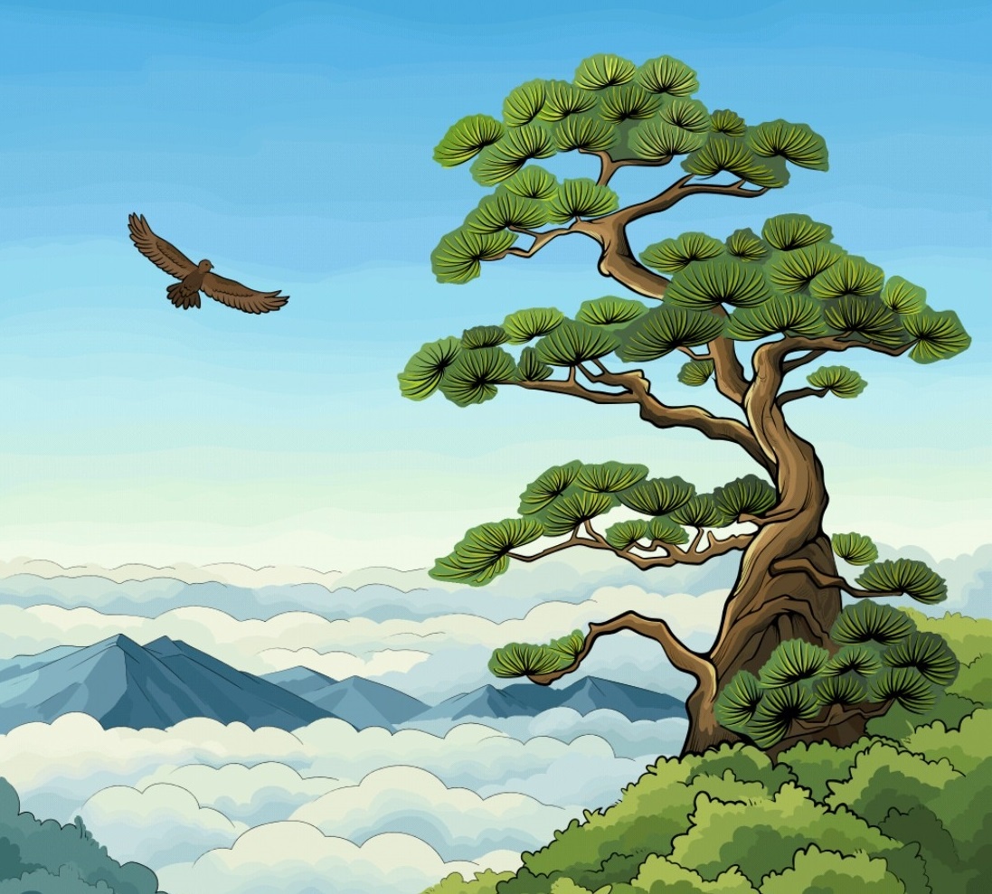 Великолепная сосна - символ долголетия. Это пожелание  долгих лет жизни  в виде картинины. Нарисуйте и подарите.