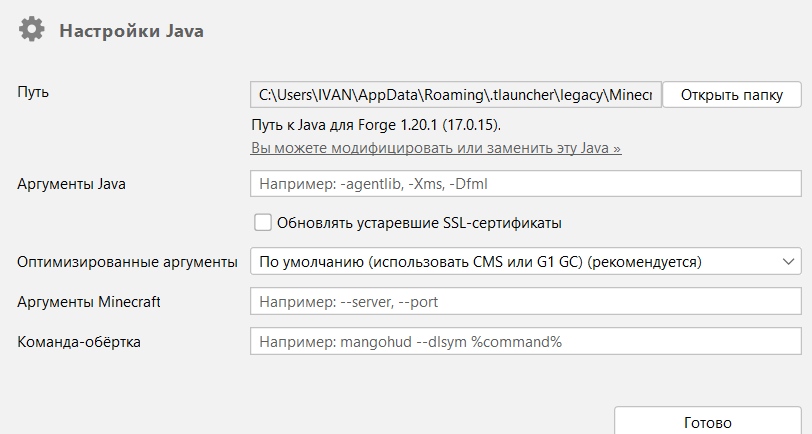 Аргументы Java заполняются в специально отведенную под это строку
