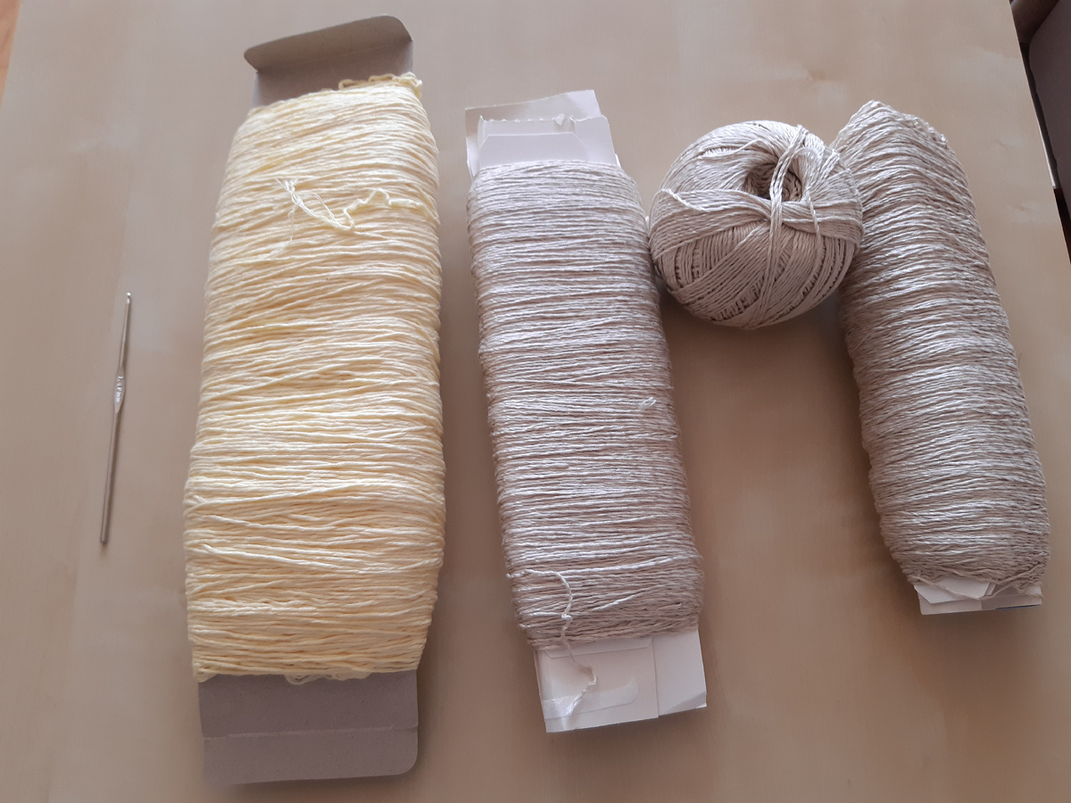Лимонная и бежевая хлопковая пряжа, бежевая, возможно, с вискозой