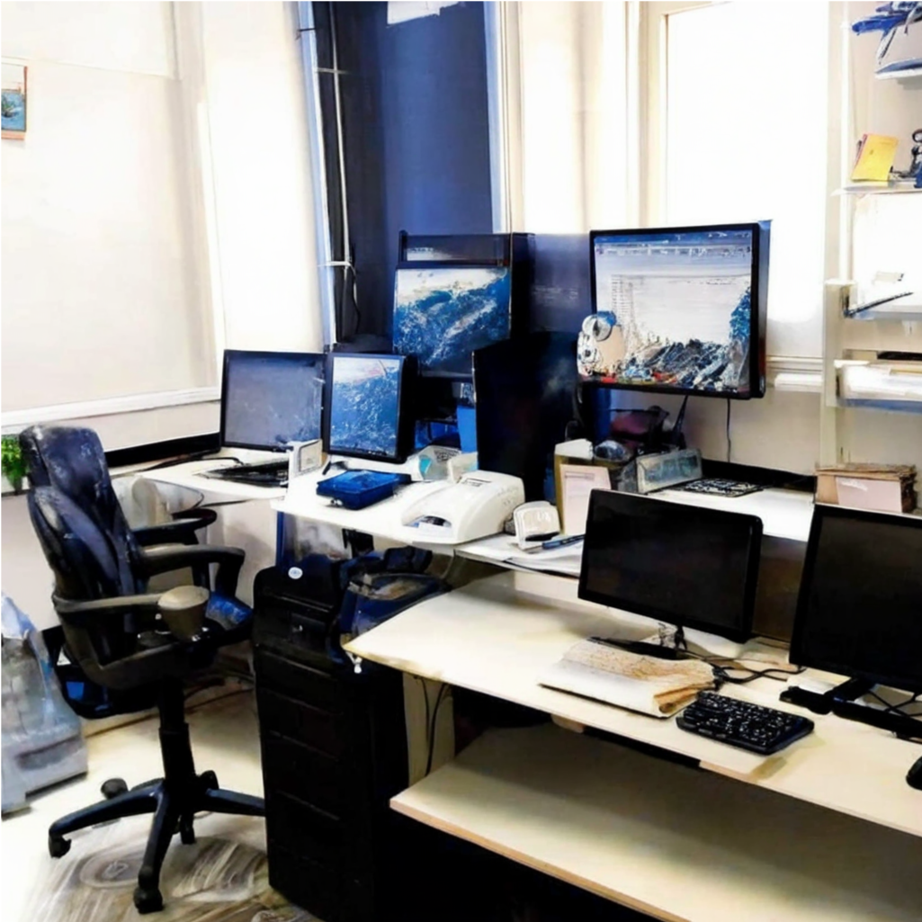 Изображение нейросети Kandinsky. Промт: "Рабочие места за персональными компьютерами".