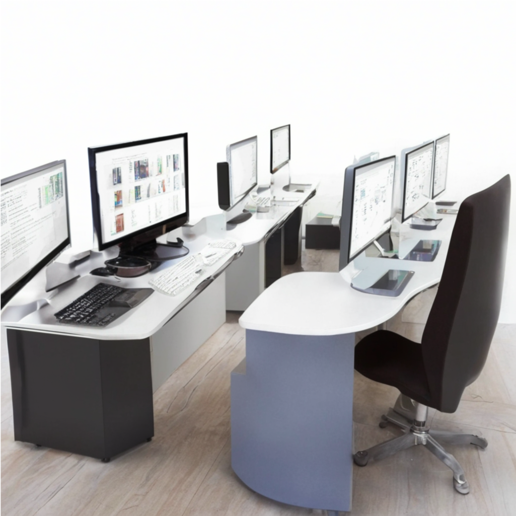 Изображение нейросети Kandinsky. Промт: "Рабочие места за персональными компьютерами".