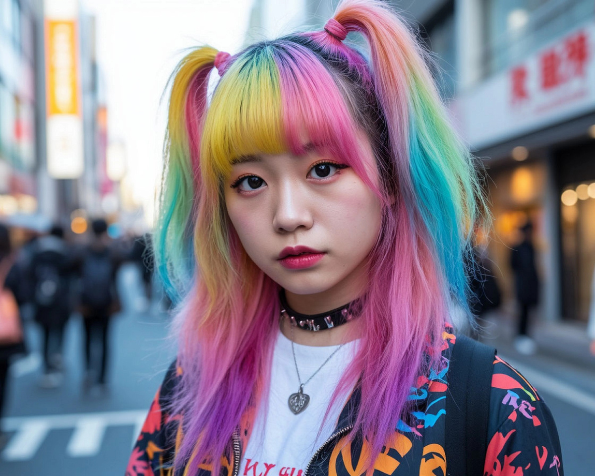 Современная японская девушка в стиле Харадзюку с причудливой прической и стильным макияжем.