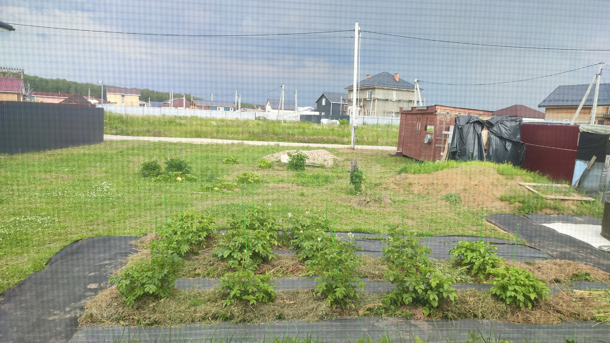 На фото видно, где спанбонд заканчивается. Надо его продлить до бытовки. 