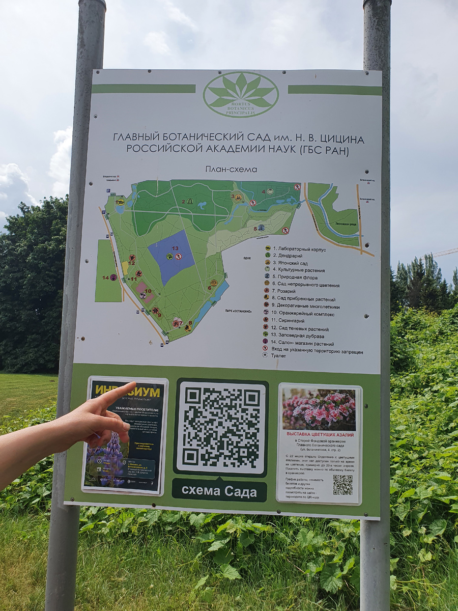 План-схема Ботанического сада. Листайте вправо, чтобы увидеть поясняющую схему прохода в оранжерею