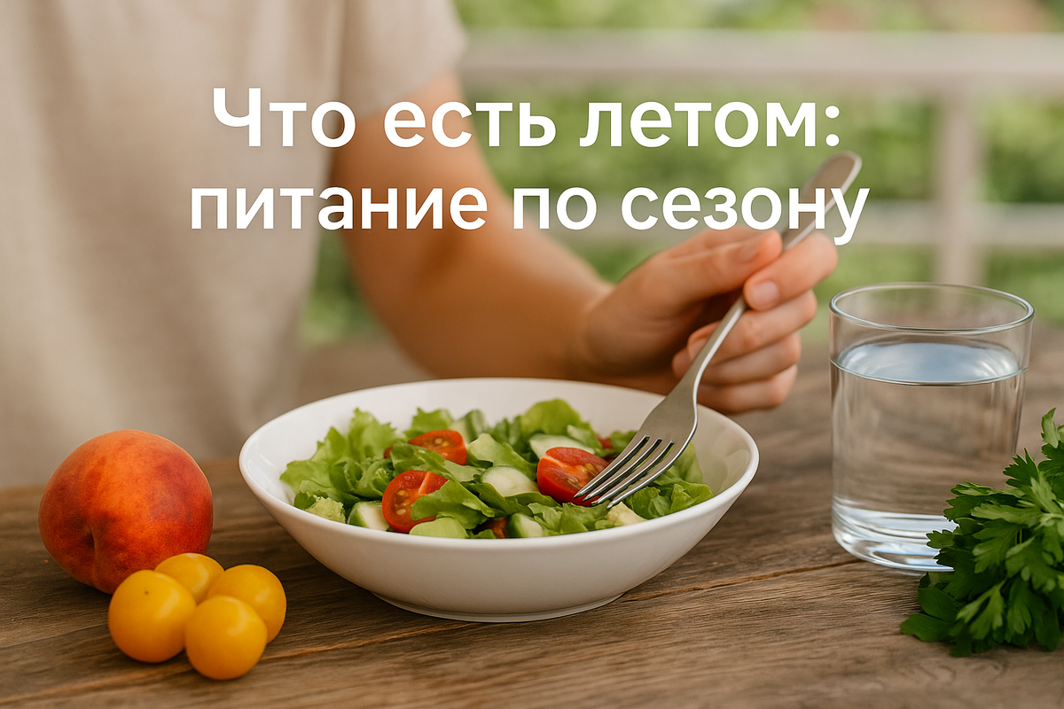 Лёгкий летний обед, салат, фрукты и вода на деревянном фоне с естественным светом.