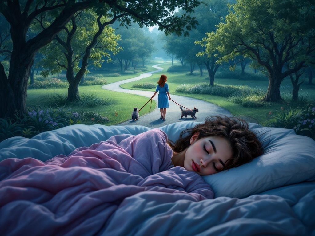    К чему такое снится: На картине изображена женщина, гуляющая с серым котом на поводке в парке. Кот вырывает поводок из её рук и бежит прочь, оставляя женщину в состоянии удивления и озад