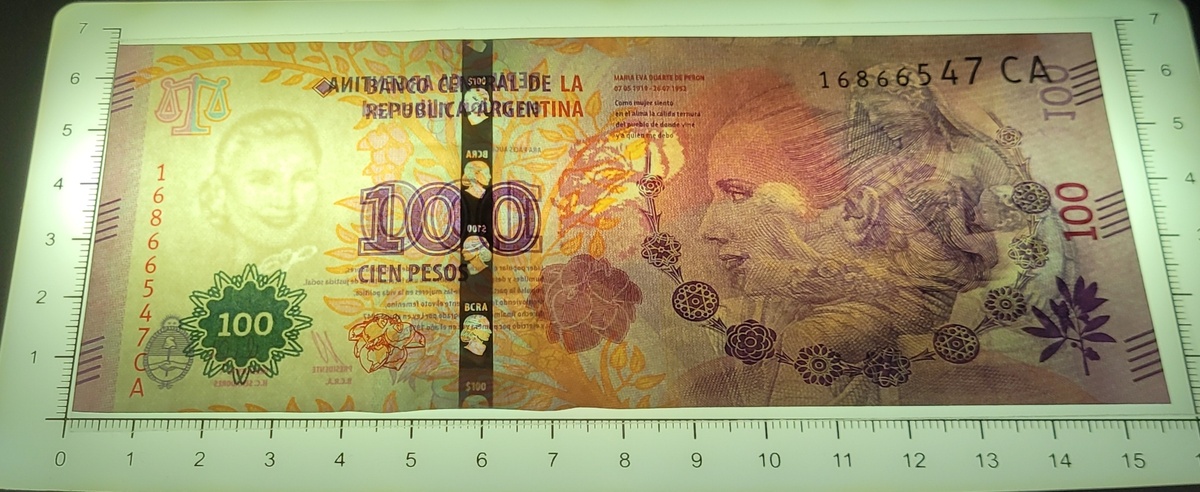на просвет - Ева Перон на банкноте 100 песо 2012 г.