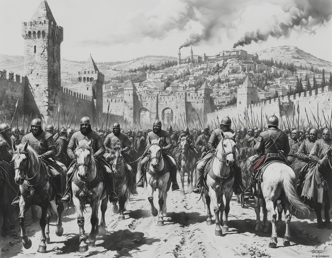 Воины Османа, раненые в повозках, трофеи идут к воротам Биледжика. Толпа ждет