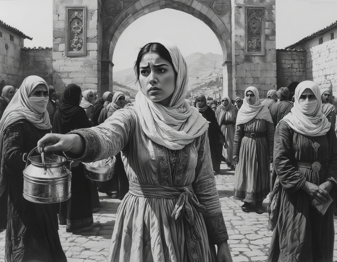 Бала-хатун у ворот руководит женщинами, помогающими раненым в повозках