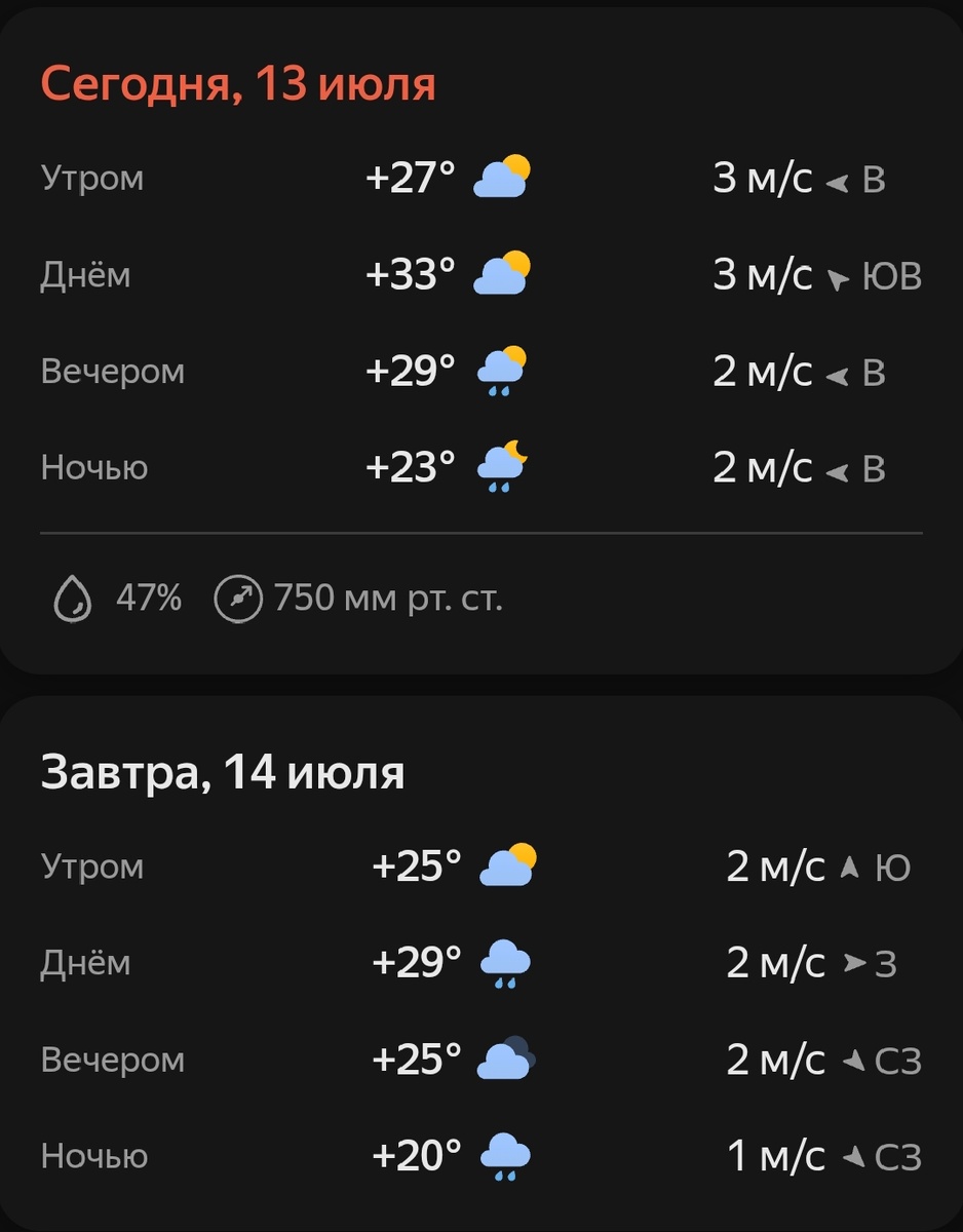 Скрин прогноза погоды на 2 дня