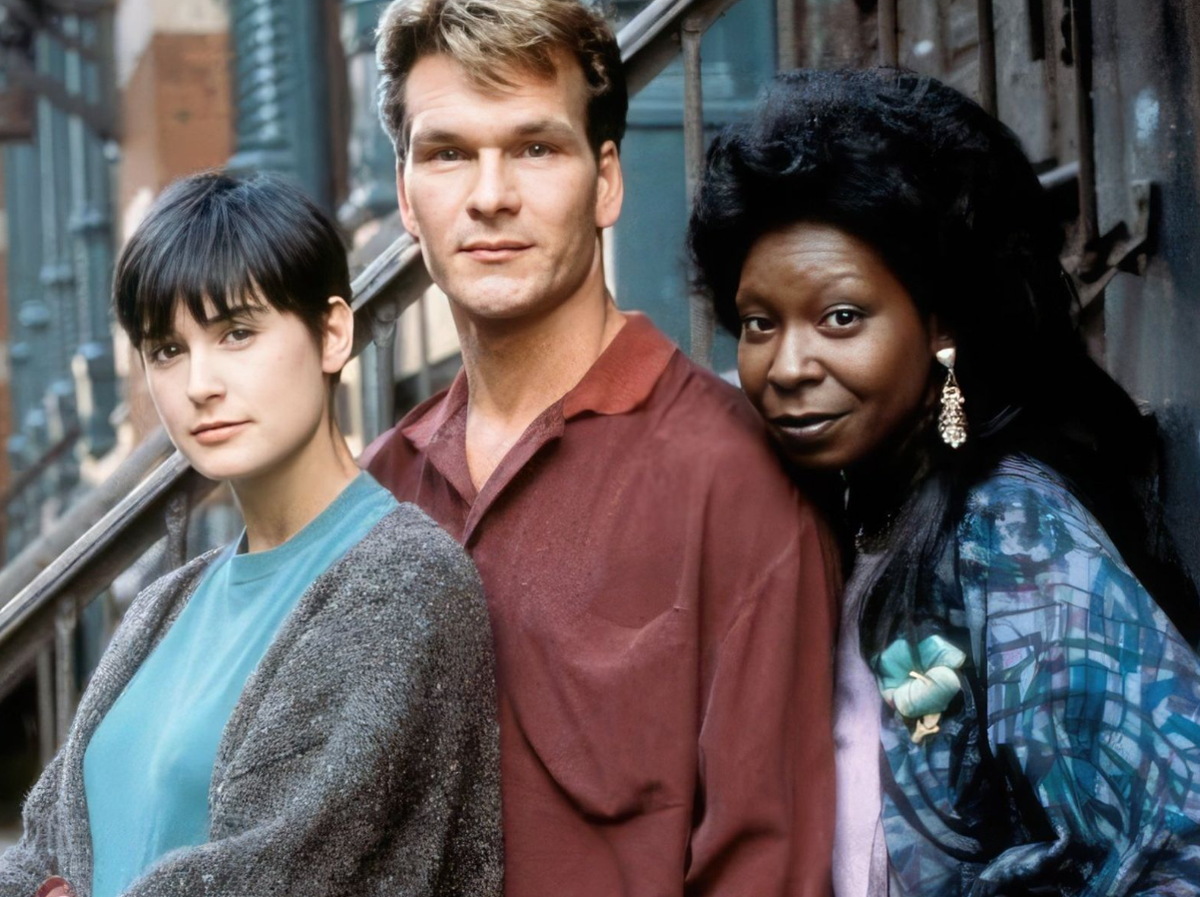 Фото со съемок фильма «Приведение (1990)». Деми Мур, Патрик Суэйзи и Вупи Голдберг