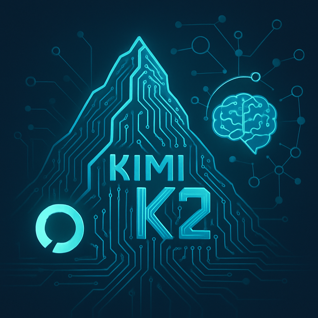 Неоновая «гора-микросхема» символизирует модель Kimi K2, а рядом сияет абстрактный мозг-нейросеть — визуальный образ мощи MoE-архитектуры и открытого ИИ.