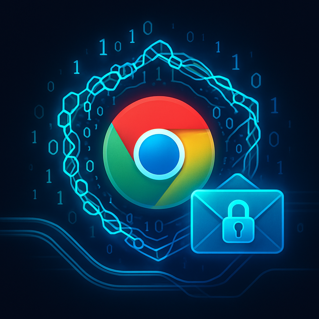 Логотип Chrome в неоновом щите из хэш-связей и потоков бинарного кода рядом с запертым «конвертом» символизирует тайный заголовок проверки подлинности и защиту клиента.