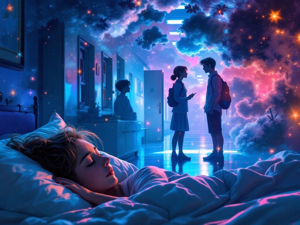    К чему такое снится: На картине изображен школьный коридор. Основная героиня стоит перед двумя парнями: один из них флиртовали с ней и что-то ей рассказывает, а второй, знакомый из реаль