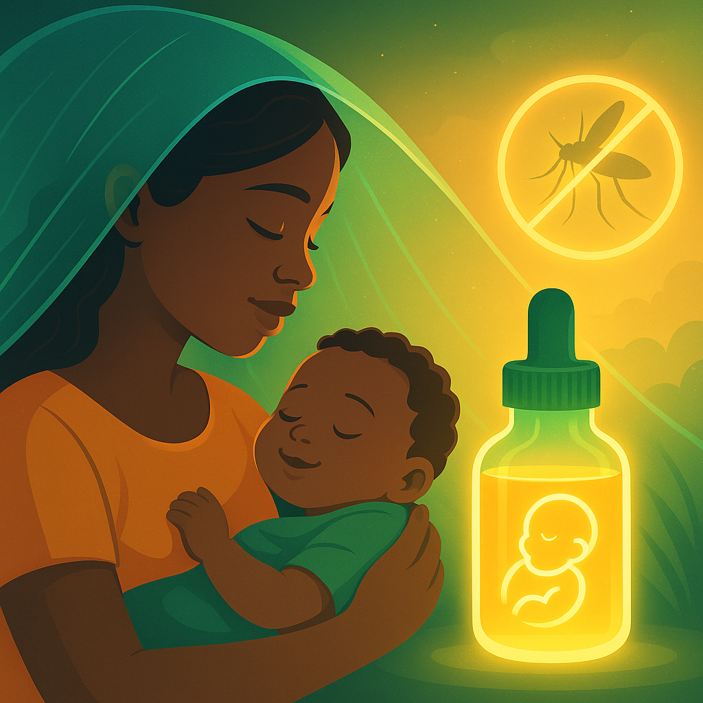 Мать нежно держит улыбающегося младенца под мерцающей антимоскитной сеткой; рядом светится флакон детского лекарства и знак «нет комарам» — образ прорыва в защите малышей от малярии.